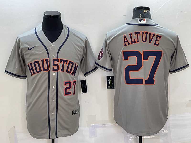 Mens Houston Astros #27 Jose Altuve Number Grey With Patch Stitched MLB Cool Base Nike Jersey